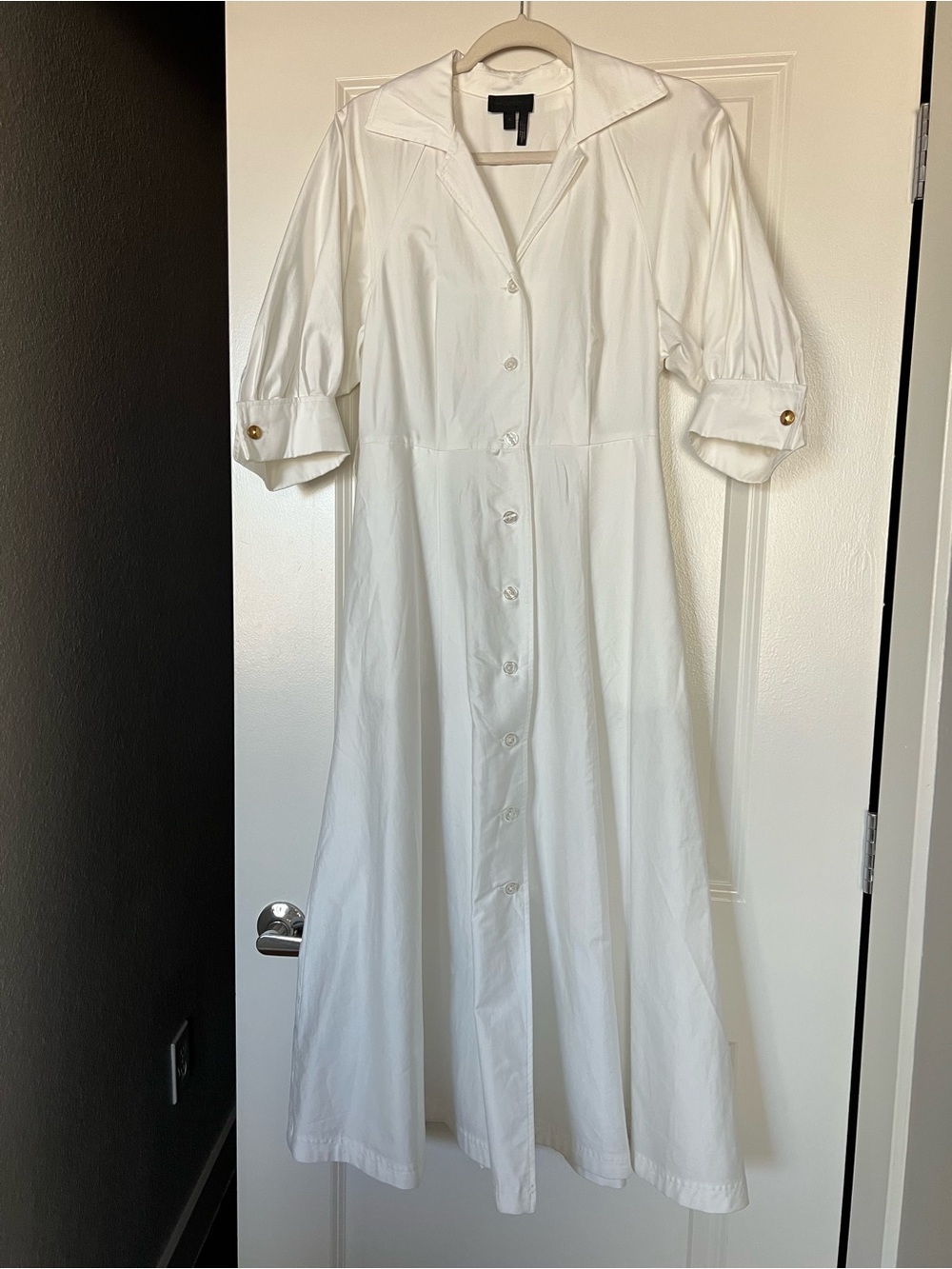Donna Karan White Button-Front Maxi Dress with Notch Collar